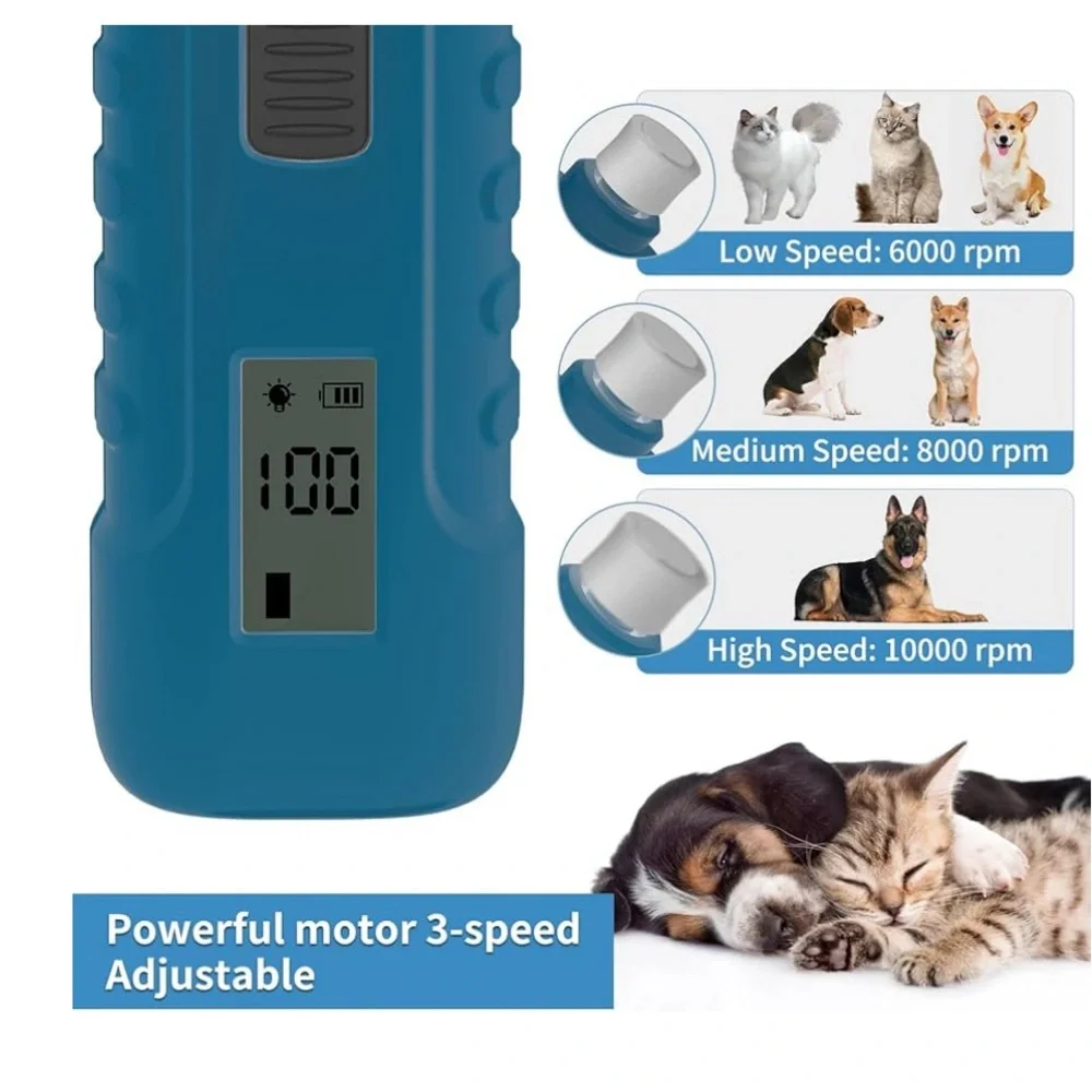 Professional 3-Speed Dog Nail Trimmers - Rechargeable with LED Lights (Blue)